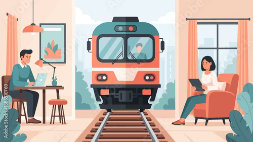 People work and relax in homes beside a train track