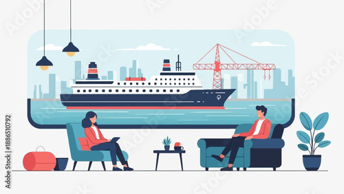 People relax indoors with a view of a ship and cityscape in the background