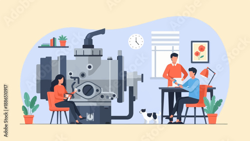 People working on an engine with a dog nearby in a studio