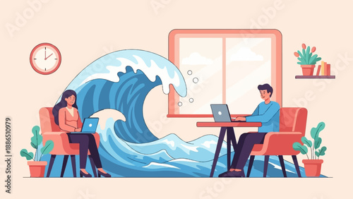 People working on laptops as a giant wave looms behind them in a cozy room
