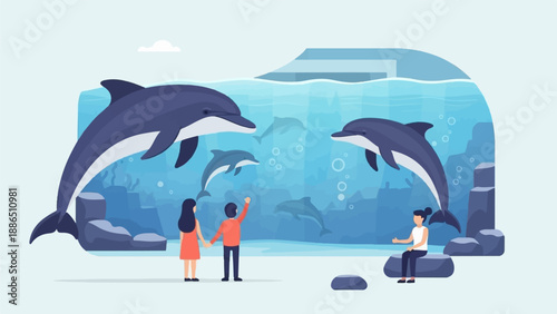 People observe dolphins swimming in a large underwater enclosure at an aquarium