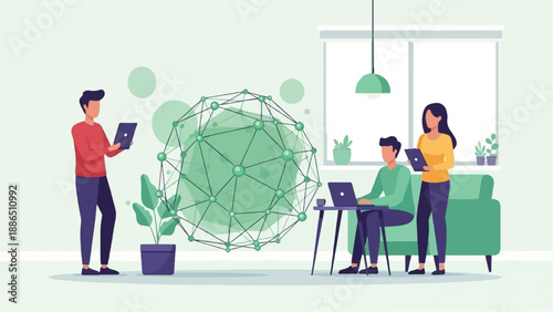 People working on laptops around a futuristic network sphere