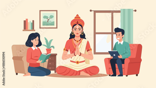 People meditating, reading, and using tablets in a cozy room