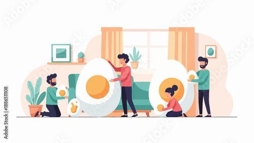 People interacting with oversized boiled eggs in a stylized living room setting