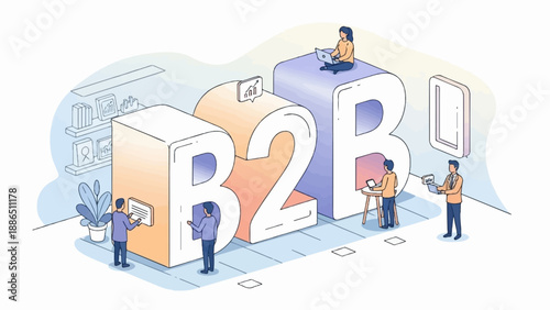 People interacting with large B2B text, symbolizing business connections