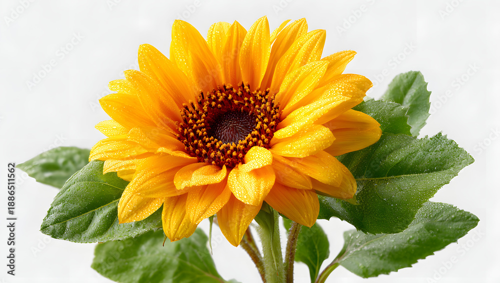 Fototapeta premium Bright sunflower with foliage on a plain white backdrop, ideal for floral design projects