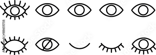  Human Eye Icon Set with Open Closed Winking Squinting and Eyelash Variations for Vision, Observation, Emotion, Facial Expression, Surveillance, Beauty, Emoji, and UI Design Elements