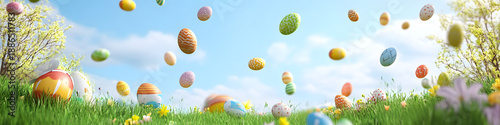 Easter scene with colorful eggs falling from top to bottom in a playful cartoon style