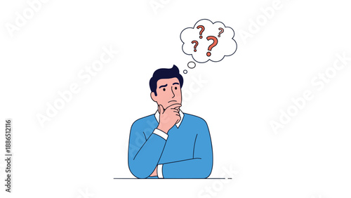 Young man thinking with a thoughtful expression and a thought bubble full of question marks, representing confusion, doubt, and problem-solving.