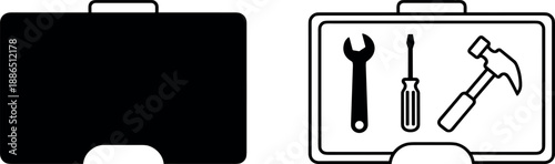  Toolbox Icon Set with Closed Briefcase and Open Toolkit Showing Wrench Screwdriver Hammer for Repair, Maintenance, Construction, DIY, Mechanic, Workshop, and Handyman Designs