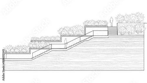 Architectural Design of a Terraced Green Space with Water Features and Stairs