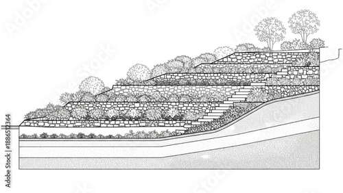 Section view of a terraced landscape with retaining walls, stairs, and vegetation