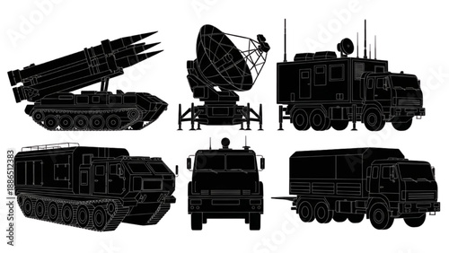 Collection of Advanced Military Vehicles and Heavy Equipment Silhouettes for Strategic Defense Technology Concepts