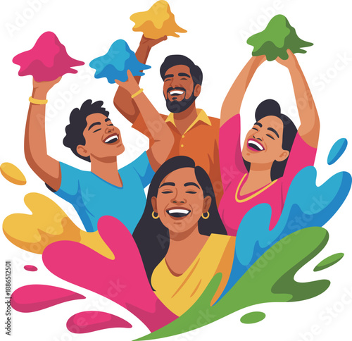 Joyful friends celebrating holi with colorful powders