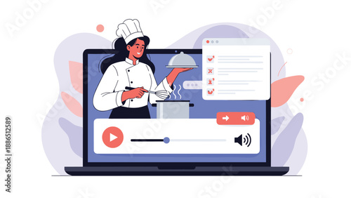 Female chef hosts an online cooking class or food vlog on a laptop screen, teaching recipes and culinary skills through video.