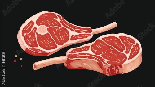 Two raw tomahawk lamb chops with peppercorns, a detailed vector illustration of fresh meat for a butcher shop or restaurant menu.