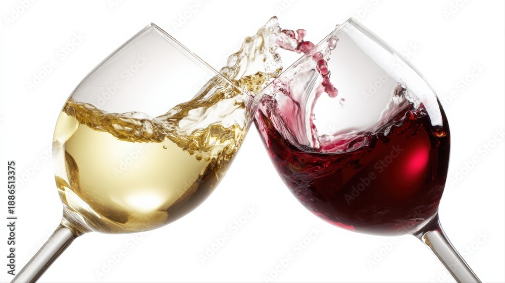 Fototapeta premium Elegant Toast: Two Wine Glasses Clinking Together with Splashing Red and White Wine on White Background
