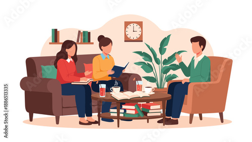 A group of friends or colleagues in a book club, sitting in a cozy room, reading and discussing literature together over drinks.