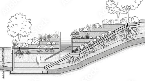 Detailed cross-section illustrating a terraced sustainable landscape design with green infrastructure elements and visible root systems along a waterway