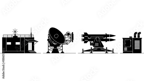 Military defense radar and missile system icons for strategic security concepts