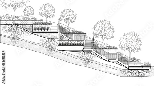 Technical illustration of a sustainable terraced landscape design, showcasing ecological planting and soil stabilization