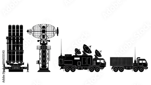 Comprehensive set of tactical defense assets featuring missile systems, radar, and mobile support vehicles for national security