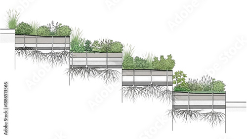 Conceptual illustration of a multi-tiered green wall system for sustainable urban architecture and ecological design initiatives