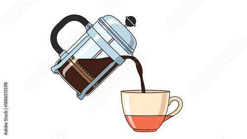 A French press coffee maker pours freshly brewed coffee into a mug, a charming cartoon illustration for coffee lovers and cafes.