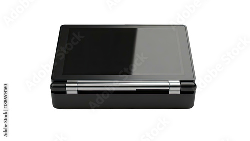 Black flip phone with a metallic hinge