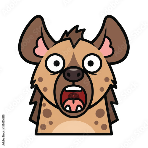 Excited cartoon hyena face with open mouth and large ears, front view illustration
