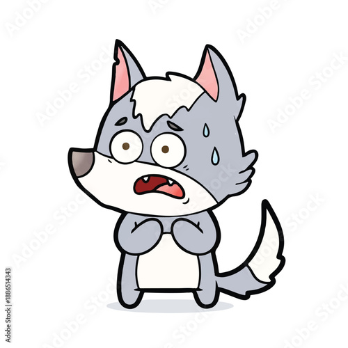 Cartoon wolf standing alone with a shocked expression on a plain white background
