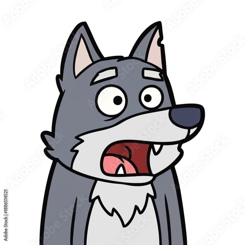 A cartoon wolf with an open mouth and surprised expression standing in a simple white background