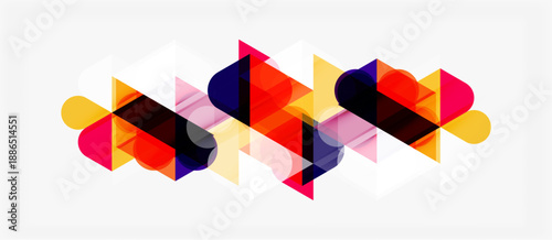 Abstract geometric shapes overlap, creating vibrant colorful design. Triangles, curves, transparency combine for modern aesthetic.