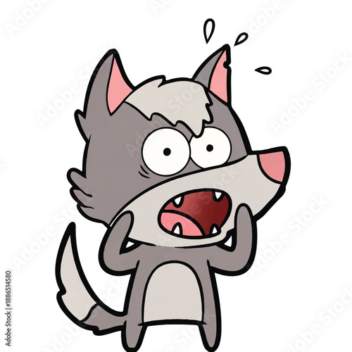 Scared cartoon wolf with shocked expression, standing alone, digital illustration, front view, exaggerated emotions