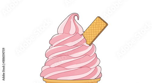 Illustrated pink and white swirled soft-serve ice cream cone with a wafer cookie.