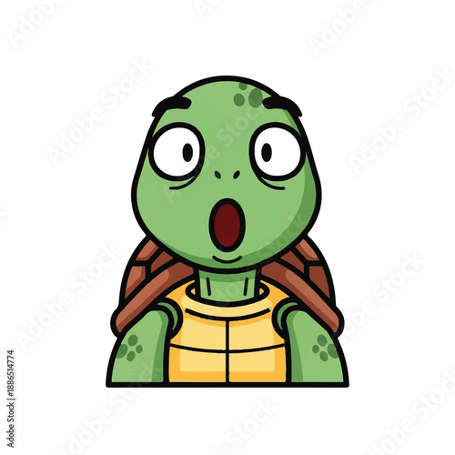 A cartoon turtle with a shocked expression is centered against a plain white background from a front viewpoint