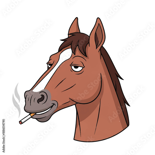 Illustration of a brown horse's head smoking a cigarette, depicted in a cartoon style