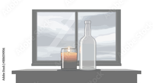 Clear glass bottle and lit candle on a table in front of a window.