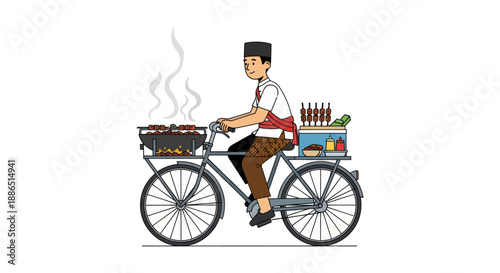 Illustrated Street Food Vendor Grilling Food on Bicycle with Traditional Hat.