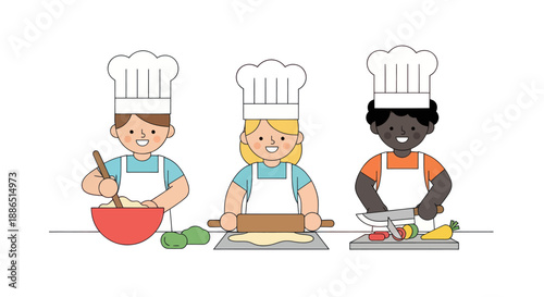 A diverse group of three children dressed as chefs cooking mixing rolling dough and chopping vegetables.