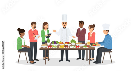 Diverse group of people learning from a chef at a food presentation table.