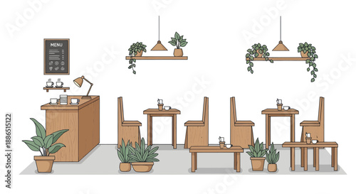 Charming Hand-Drawn Cafe Interior Illustration with Wooden Furniture and Green Plants.