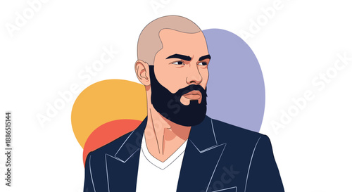 Stylish bald man with a thick groomed beard and navy suit jacket looks thoughtfully to the side against an abstract background.
