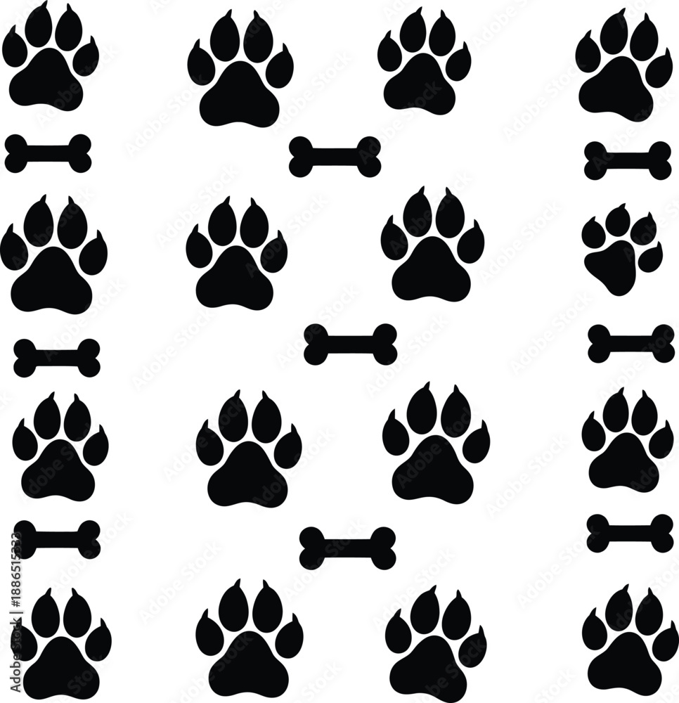 Fototapeta premium Dog Paw Prints and Bone Silhouettes Set Animal Track Vector