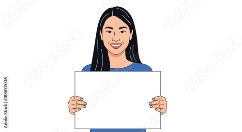 Cheerful young Asian woman with long black hair holding a blank white placard for advertising or sharing a personalized message.