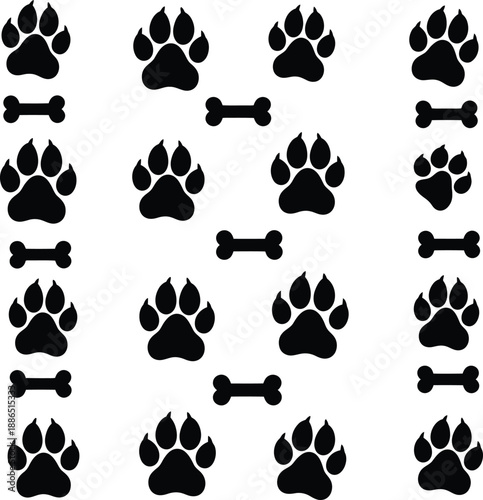 Dog Paw Prints and Bone Silhouettes Set Animal Track Vector