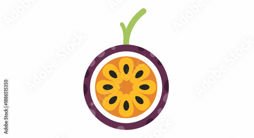 Stylized illustration of a halved purple passion fruit with a green stem.