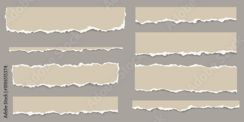 Set of realistic torn paper strips with rough edges isolated on neutral background. Vintage torn paper. Perfect for collage art, scrapbooking, packaging, branding, and creative paper layouts