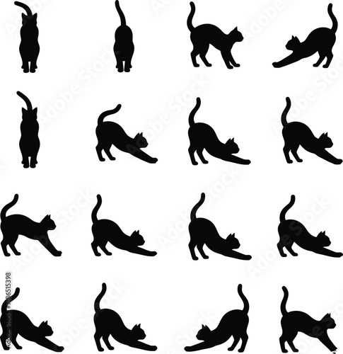 Black Cat Silhouettes Set Stretching and Pouncing Feline Vector Icons