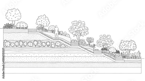 Illustrative Cross-Section of a Modern Terraced Garden Design Showcasing Multi-Level Landscape Architecture and Diverse Plantings on a Sloping Terrain